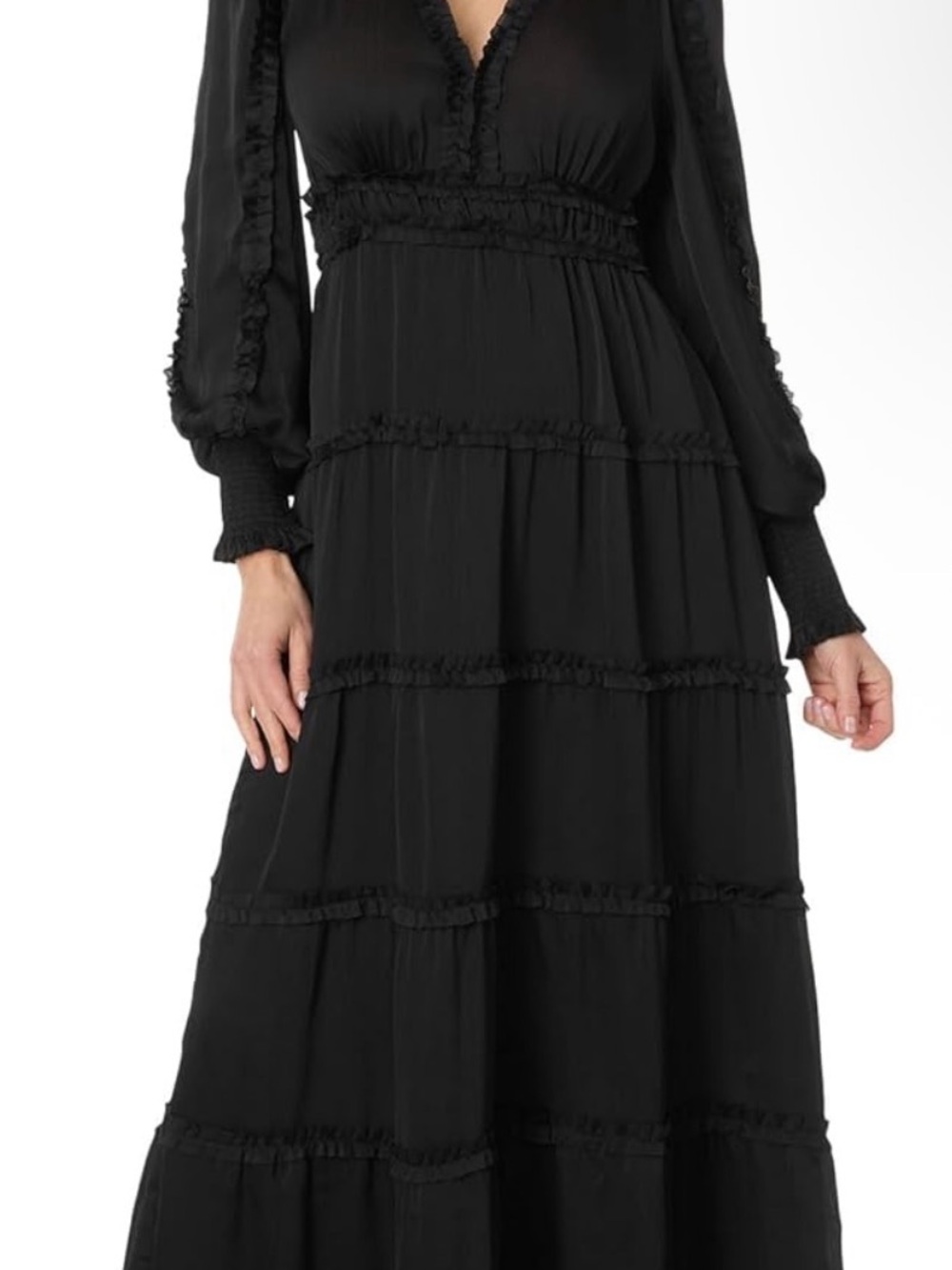 CeCe Black Ruffle Tiered Maxi Dress with Long Blouson Sleeves